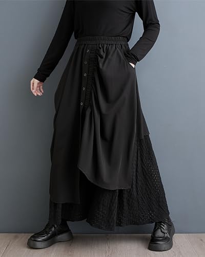 ellazhu Women's Maxi Length Elastic Waist Solid Color Button Dress Skirt GZ139 A2