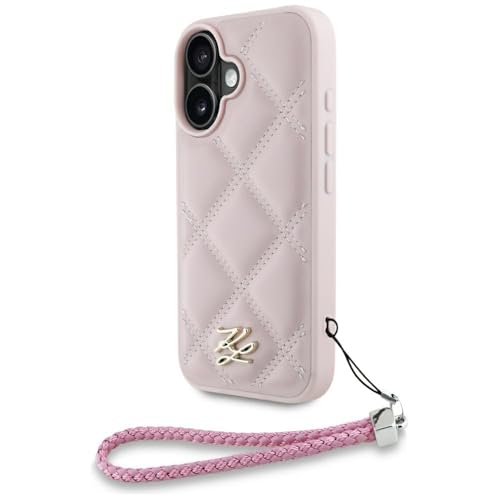 Coque iPhone 16 Karl Lagerfeld rose matelassé avec chaîne chic