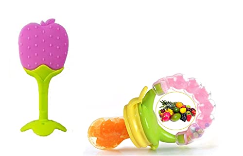 Image of BabyGo Organic Baby's BPA-Free Silicone Nipple Food Nibbler for Fruits with Rattle Handle(6-12 Months) Silicone BPA Free Natural Organic Nipple Teether for Babies (Combo) (Multicolor)