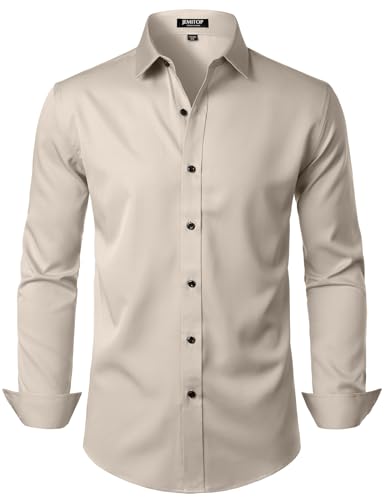 JEMITOP Men's Stretch Wrinkle Free Dress Shirts Formal Wedding Prom Long Sleeve Button Down Shirt Tan L