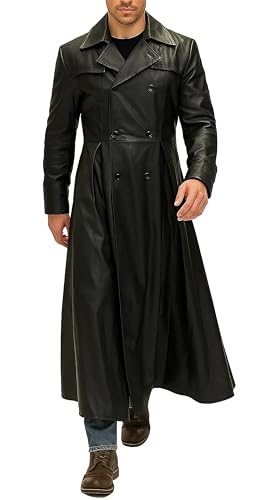 Mens Black Halloween Costume Vintage Classic Double Breasted Military Uniform Full Length Duster Leather Trench Coat