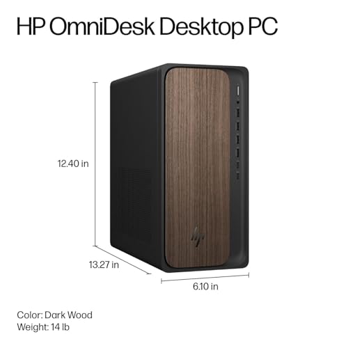 Image of HP OmniDesk Desktop M03 Ai Tower Computer - Series 2 Intel Core Ultra 9-285 Processor, 32GB DDR5 RAM, 8TB PCIe NVMe SSD, Intel UHD Graphics, Wi-Fi 6 (2x2), Bluetooth 5.4, Windows 11 Home, Dark Wood