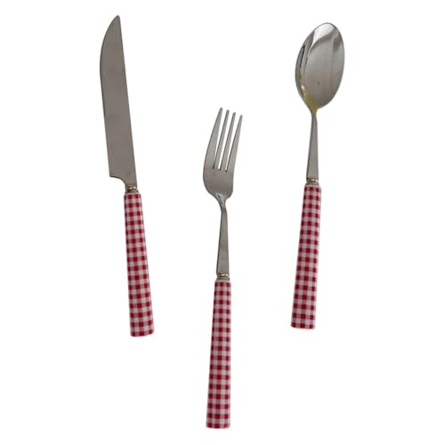 COLLBATH 1ensemble Couverts Acier Avec Poignée Céramique Rouge à Carreaux Couteau Fourchette Et Cuillère Pour Steak Desserts Et Repas Quotidiens