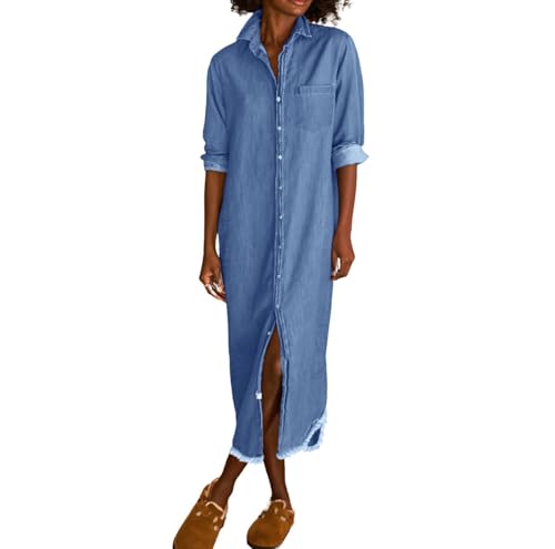 chouyatou Women's Spring Long Sleeve Button Down Denim Shirt Dress Lapel Distressed Midi Long Jean Shift Dress