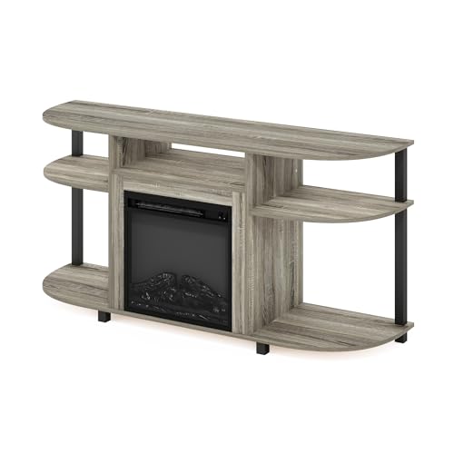Image of Furinno Jensen Fireplace TV Stand, Curved Entertainment Center, TV Console for TV up to 55 Inch with Fireplace and Open Storage, for Living Room, Bedroom, French Oak Grey