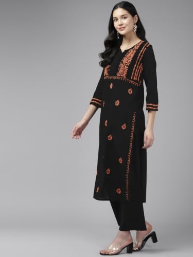 Image of Ada Women's Cotton Straight Fit Tunic Hand Embroidered Straight Lucknow Chikankari Kurta Kurti A411435