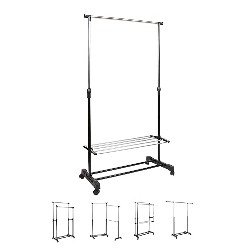 THE SECRET HOME - Perchero Burro Ajustable de Metal con Ruedas - Alto: 94 a 162 cm x Largo: 80 cm - Burro Extensible para Ropa - Organizador para Dormitorio, Entrada, Pasillo (Modelo 1)
