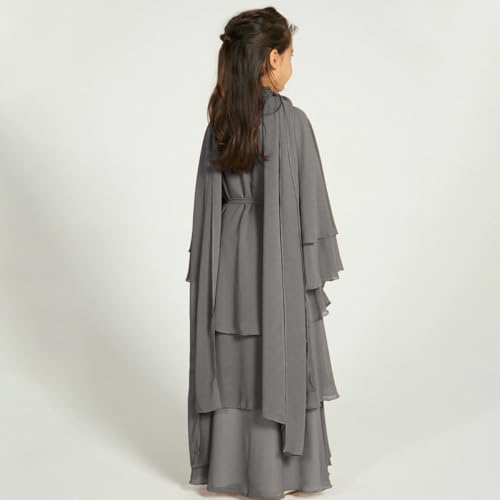 Kids Abayas Dress for Girls Muslim Dress with Hijab Chiffon Layered Islam Kaftan Robe Open Front Cardigan Prayer Dress4