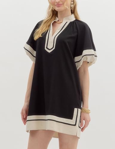 Esmeling Women's Color Block Pullover Dress V-Neck Puff Sleeve Mini Dress with Pockets4