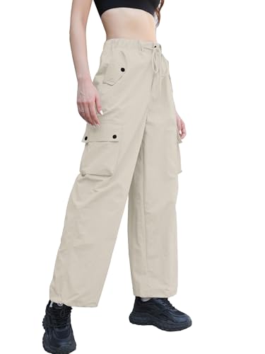 Image of Betusline Girls & Women's High Waist Wide Leg Cargo Pants Y2K Parachute Pants with Pockets and Drawstring 6 Years-Women 2XL
