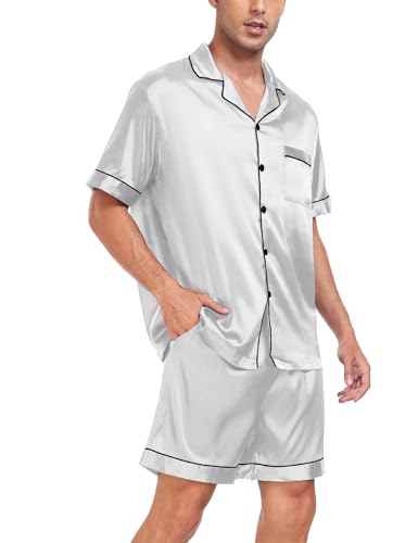 Image of SWOMOG Men Satin Silk Pajamas Sets Short Sleeve Sleepwear Button-Down PJs Sets Two-Pieces Loungewear with Pockets Gray