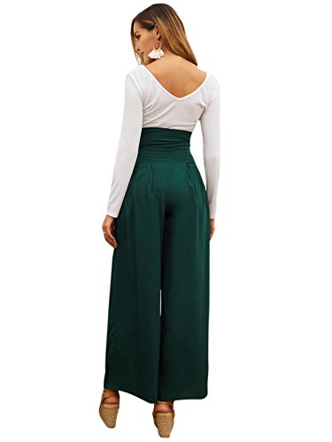 Sweatyrocks Women's Casual High Waist Belted Wide Leg Pants With Pocket Green L #TOP1