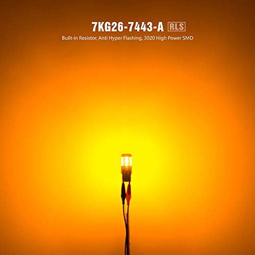 SIRIUSLED RLS 7443 7444 Built In Resistor Canbus Anti Hyper Flashing Error LED Turn Signal Light Bulb with Full Aluminum Body Dual Filament Smart Driver Amber Orange Color Pack of 2