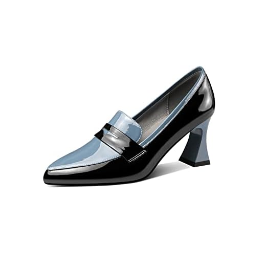 TinaCus Women's Handmade Glossy Patent Leather Spool Heel Pointy Toe Pumps with Modern Assorted Color (Blue, US8)