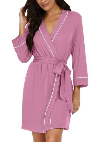 Image of PrinStory Womens Robe Knee Length Soft Knit Bathrobe S-2XL | V-Neck 3 /4 Sleeve Robes with Pockets, Lightweight, Breathable Bath Robe for Shower, Spa, Travel, Home, Party, Nursing