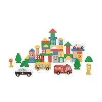 Tooky Toy 50 Pieces Colourful Wooden Block and Cart Set for Kids