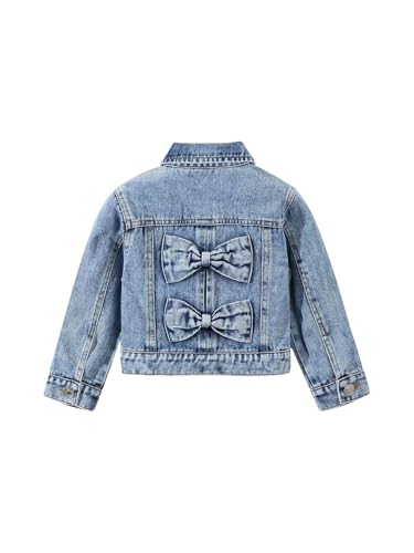 WDIRARA Girls Bow Denim Jacket Long Sleeve Button Down Jean Jacket Cute Outerwear Light Wash 5Y