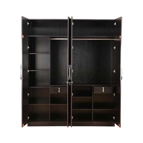 Image of AAVATAR 4 Door Wooden Wardrobe with Drawers & Hanging Rod | Wenge Engineered Wood Cupboard for Bedroom | Almirah with Lockable Doors, Spacious Shelves Storage | H78 x W64 x D19 Inch