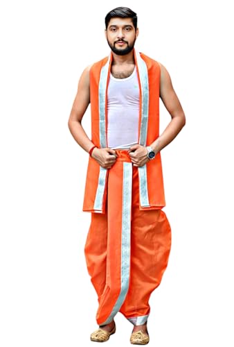 Image of Men's Ethnic | Traditional Ready to wear (Pant System) Readymade Panchakacham Dhoti With Angavastram(Towel) Set, Tassar Silk, Free Size (GC002)