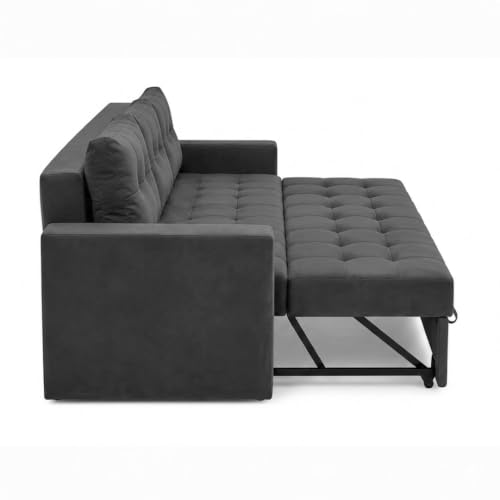 Image of FURNY Tressa 3 Seater Fabric Pull-Out Sofa Cum Bed Function (Dark Gray) | Luxury Velvet Suede Finish | Durable Comfort Sofa Bed for Modern Living Room & Office Spaces