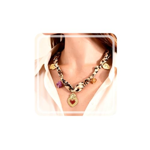 RINHOO Scarf Necklace for Women Adjustable Bandana Choker Silk Necklace with Stainless Steel Charms Boho Beach Holiday Jewelry (Style 1- Leopard print) — view 3