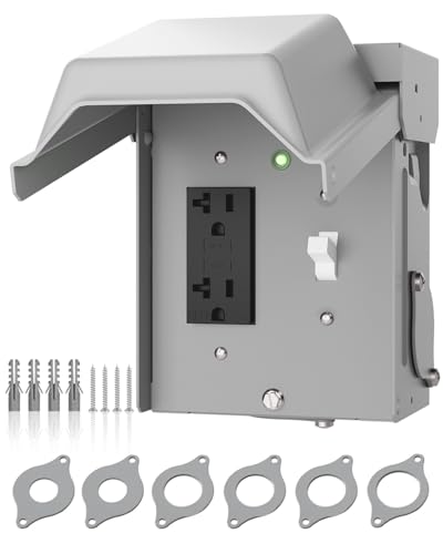 islewire Outdoor Electrical Outlet Box, 20 AMP WRTR GFCI Receptacle and Switch, Rainproof Lockable 3R Enclosure with Metal Cover, Pre-Drilled for Easy Wiring, Ideal for Yard, Garage, ETL Listed