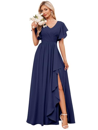 GUKARLEED Women’s Ruffles Chiffon Bridesmaid Dresses for Wedding Guest Long Formal Dress with Pockets V Neck Evening Gowns