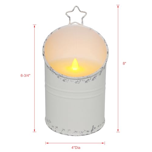 Image of CVHOMEDECO. Vintage Galvanized Can Flameless LED Candle, Real Wax in Antique Galvanized Jar Flickering Candle with Remote Control for Tabletop Wall Decor. H 8 Inch, Cream