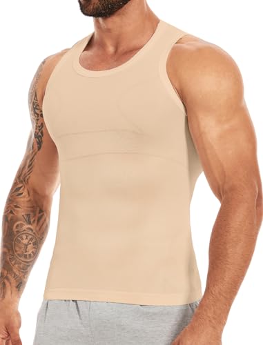 MISS MOLY Shapewear Herren Kompressionsshirt Herren Ärmellos Body Shaper Elastische Bauchweg Unterhemd Tank Top Figurformend Bauchweg Shirt Weste(Beige M)