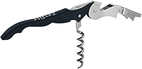 Zerlite Metal Double Hinged Restaurant Wine Bottle Opener, Waiter Quality Compact Stainless Steel Folding Corkscrew With Serrated Foil Cutter, Black