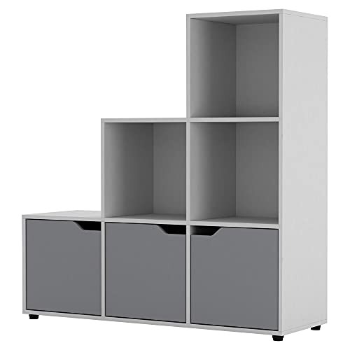 URBNLIVING 6 Cube Step Storage Bookshelf Unit + 3 Doors (White Bookshelf + Grey Doors)
