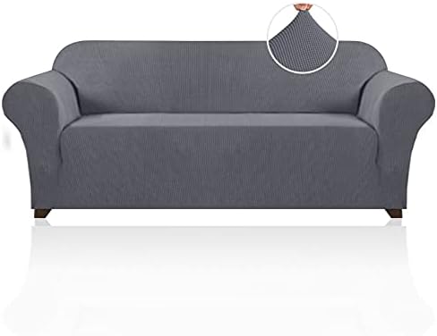 Soft Spandex Chair Cover 1 Piece Furniture Protector Lycra Jacquard Small Checks Sofa Cover for Living Room 1 Seat Cushion Couch Cover Slipcover with Elastic Bottom (1 Seater, Charcoal Gray)