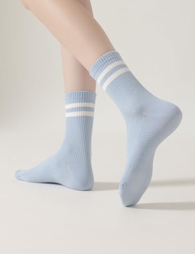 Image of 6 Pairs Solid Color Retro Striped Crew Socks for Women Girls | Soft Cotton Blend, Breathable & Comfortable Novelty Everyday Ribbed Quarter Socks