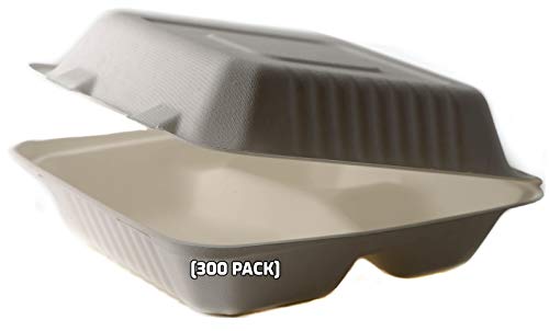 [300 PACK] 8 Inch 3-Compartment Compostable Hinged Take Out Food Container - Sugarcane Bagasse, Tree Free - Restaurant Supplies, Microwavable, Bidodegradable, Recyclable, Heavy Duty (Rectangle - Clam)