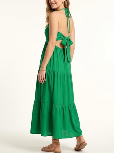 Image of Women's Casual Halter Tiered Vacation Maxi Dress with Pockets