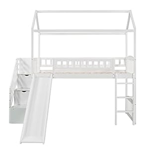 Biadnbz twin size loft bed with stair and slideplayhouse loftbed with two drawers for kidsteensbedroomwhite  urban country home decor