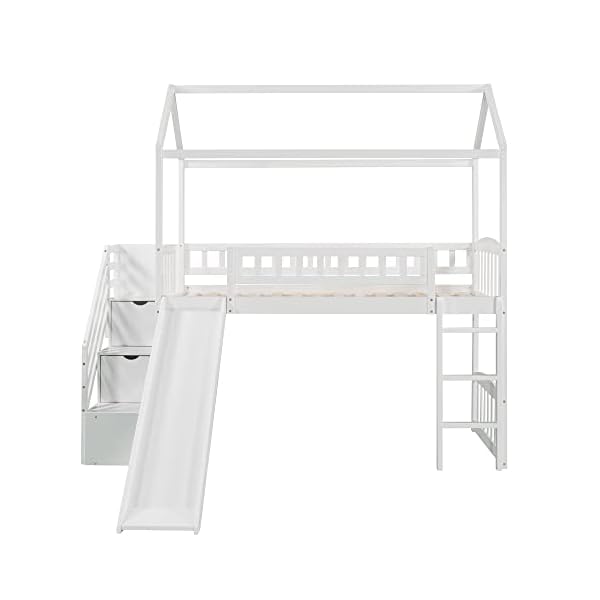 Biadnbz twin size loft bed with stair and slideplayhouse loftbed with two drawers for kidsteensbedroomwhite  urban country home decor