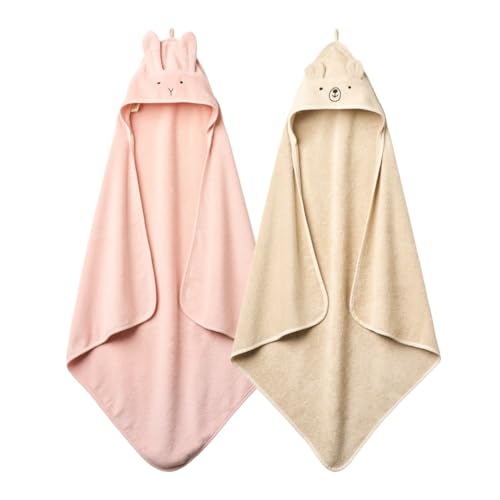 Image of Huxie Baby Hooded Towel – Organic Cotton Baby Bath Towels, 32" x 32" Super-Soft and Absorbent Baby Towels for Newborn 2-Pack (Rabbit Blush/Bear Fog)