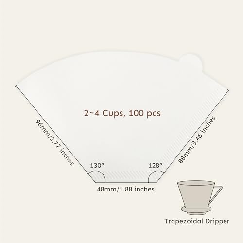 Image of Palatti 102 Trapezoidal Cone Coffee Paper Filters (100 count) for #2, 1x2 and 102 Style in Size 2 Pour Over Makers and Drippers, with Reclosable Zip Bag as a Convenient Filter Holder