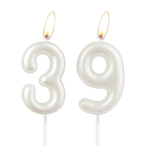 Candela di compleanno bianco perla, numero 39 di buon compleanno, decorazione per torta per ragazze, anniversario di matrimonio commemorazione