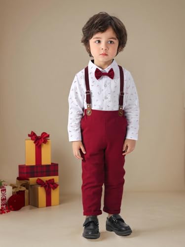 Image of Boarnseorl Baby Boys Pants Sets, Infant Long Sleeve Shirt + Pants + Bow Tie + Suspenders Outfits