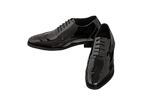 CALTO Men's Invisible Height Increasing Elevator Shoes - Black Patent Leather Lace-up Wing-tip Formal Oxfords - 3 Inches Taller - S1015 - Size 10 D(M) US4
