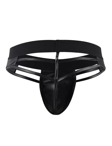 Men's Thong Underwear Faux Leather Briefs Sexy Low Rise T-back Black Hollow Out G-String Panties for Men XS-L2