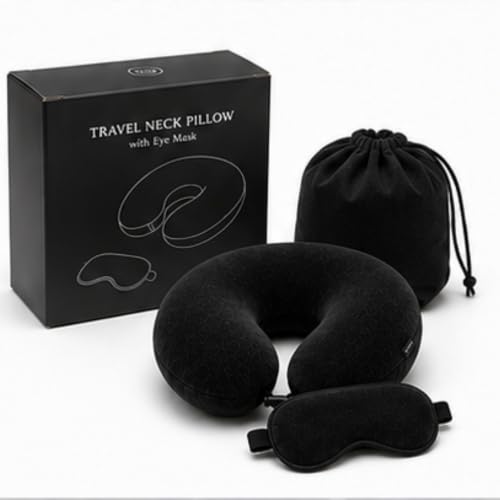 Image of Black Travel Neck Cushion | Adjustable Thread Lock U Shape Neck Pillow | Soft Thread Fabric with Premium Neck Rest Pillow