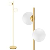 Mid Century Modern 2 Frosted Glass Globe Floor Lamp for Living Room,Contemporary LED Standing Light, Gold Corner Pole Office Bedroom, Study Room, Hotel, Antique Brass Lighting