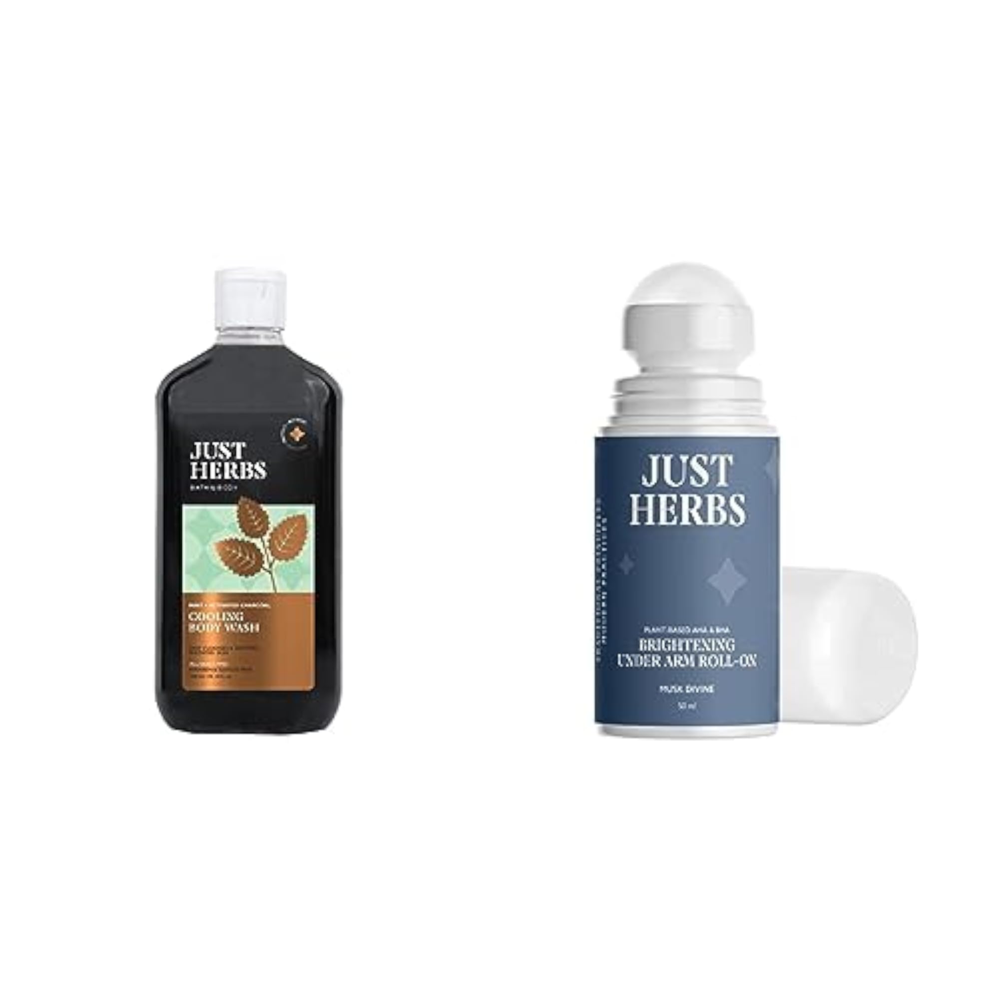 Just Herbs Deep Cleansing Cooling Body Wash with Mint and Activated Charcoal, 300 ml & Roll on Deo for Men