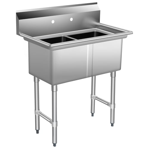HARDURA Stainless Steel 2 Compartment Sink Freestanding NSF Certified Commercial Utility Basin With Two 15