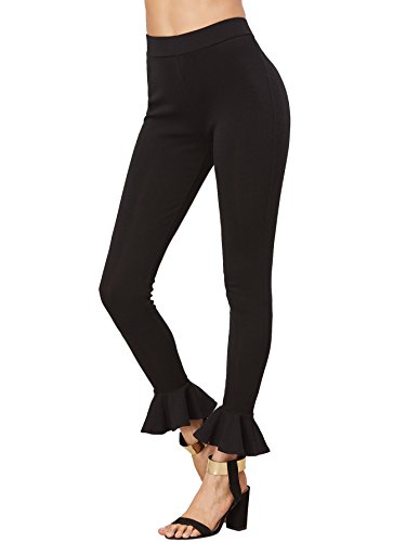 SweatyRocks Women's Casual High Waist Leggings Ruffle Hem Stretchy Work Pants Black L