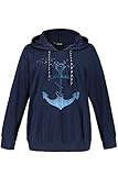 Rippbündchen Ulla Popken Damen große Größen Übergrößen Plus Size Kapuzenshirt, Ankermotiv, Bindeband, Langarm dunkelblau 54/56 749852 70-54+