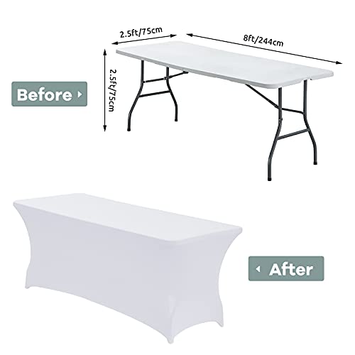 Image of CWK 8FT Waterproof Stretch Spandex Table Cover for Rectangular Tables - Elastic Fitted Tablecloth for Folding Tables,Wrinkle Resistant Table Cloth for Parties, Weddings, Banquets & Events (White)